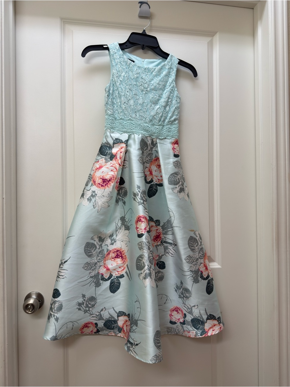 Bwear Blue Floral Lace Bodice Satin Gown